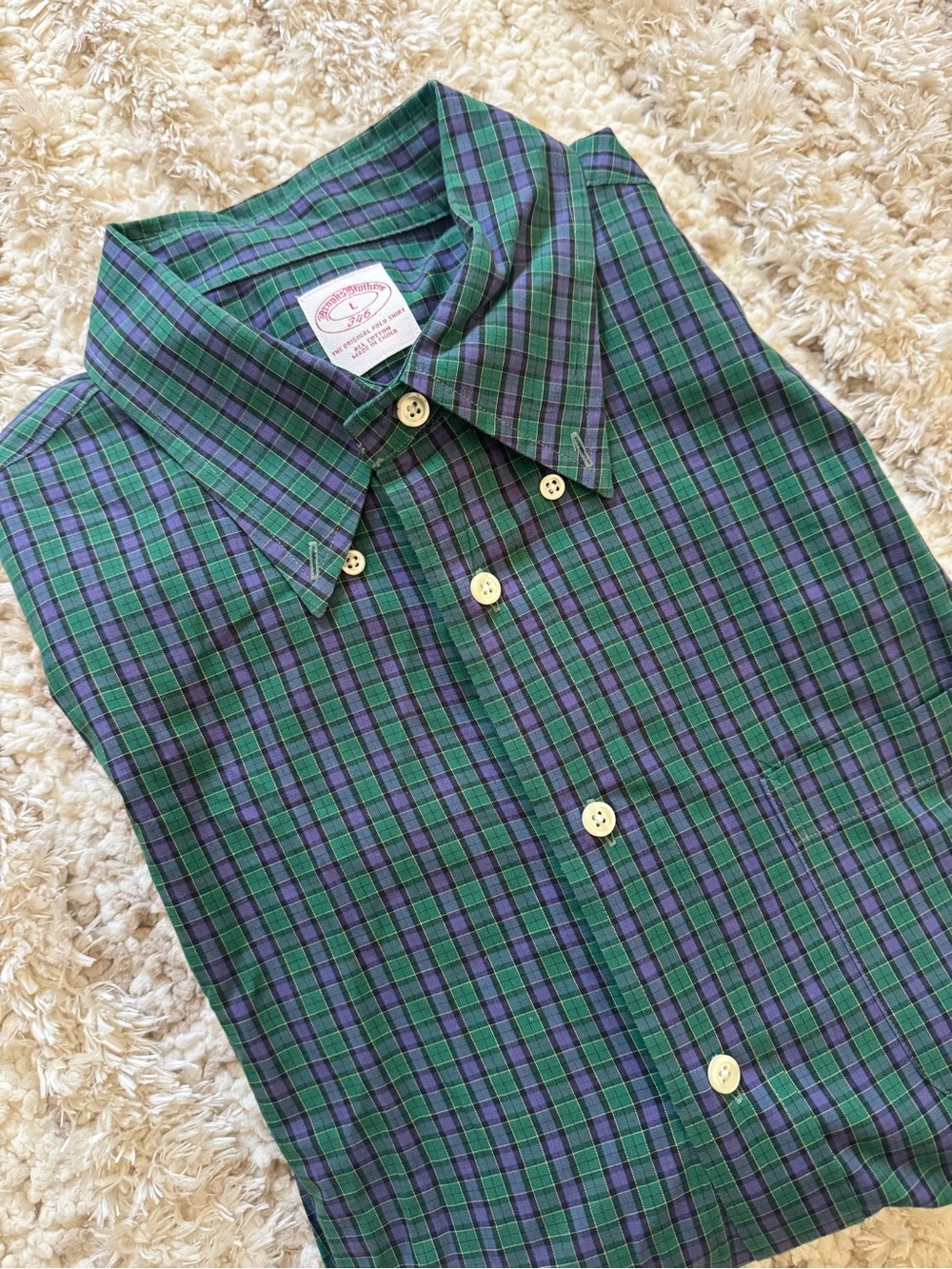 Brooks Brothers Vintage 100% Cotton Green/Blue Plaid Long Sleeve Shirt Large